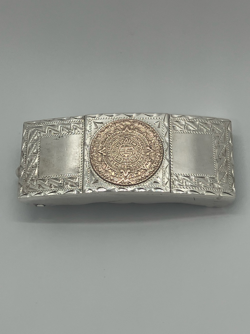 Plafina Mexico 925 Sterling Silver 10K Gold Aztec Sun Vintage Belt Buckle 49g